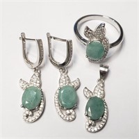 $350 Silver Rhodium Plated Emerald(9.6ct) Set