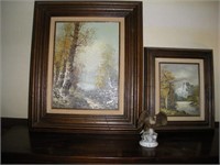 2 Framed Canvas Landscapes and Ceramic Eagle