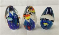 3 Colorful Swimming Fishes Glass Art Paperweights