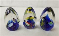 3 Swimming Fishes Glass Paperweights, 1 Small Chip