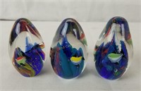 3 Colorful Swimming Fishes Glass Art Paperweights