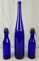 Lot Of 3 Dark Blue Decorative Glass Bottles