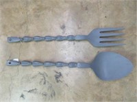 2PC LARGE CARVED FIGURAL SPOON AND FORK 40"