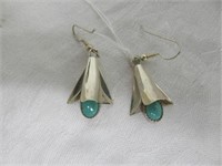 PAIR STERLING SILVER TURQUOISE EARRINGS 1.75"