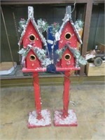 PAIR HOLIDAY BIRDHOUSES ON STANDS 36"T