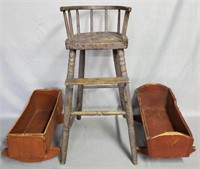 Old Doll Size Painted Cribs & High Chair