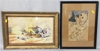 2 Pc Watercolor Lot: Art Deco Woman & Orientalist