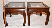 PAIR CHERRY GLASS TOP END TABLES