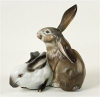 Pair of Herend Porcelain Natural Rabbits 6"