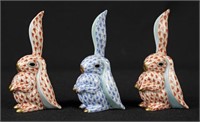 Three Herend Rabbits One Ear Up Figurines
