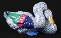 Large Herend Porcelain Blue Fishnet Ducks Figurine