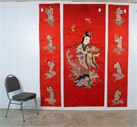 Chinese 3 Panel Set Silk Embroidery Magu C. 1910