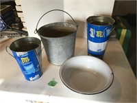 metal buckets, enamel dish pan