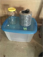 storage tub, roll of twine, gal jar