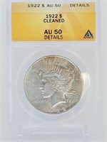 1922 Peace Dollar AU 50 Cleaned
