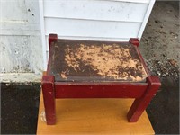 ANTIQUE STOOL WITH LEATHER TOP AND RED PAINT