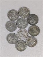 Ten WWII Wartime Nickels (40% Silver)