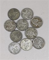 Ten WWII Wartime Nickels (40% Silver)