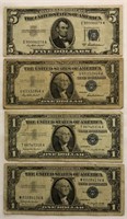 (1) $5 & (3) $1 Silver Certificates