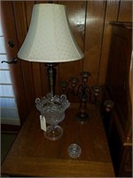 BRASS TONE LAMP, GLASS COMPOTE, WOOD CANDLE HOLDER