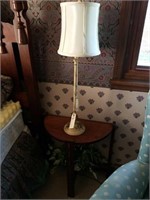 ANTIQUE WALNUT HALF MOON TABLE W/ DECORATOR LAMP