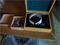 SMALL JEWELRY CHEST W/ ANTIQUE GLASS, BOW TIES