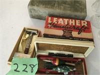 leather craft kit, vintage wood lures, razor, more