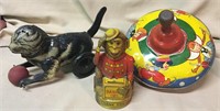 (3) Tin Litho Toys, Cat w/ Ball, Top, Monkey Bank