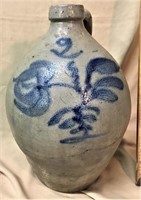 Decorated 2 Gallon Stoneware jug, damaged