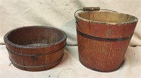 (2) Wood buckets, one with old red paint