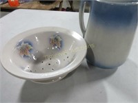 Pottery collander and vintage jug