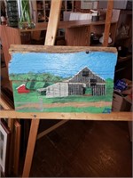 RUSTIC OIL ON OLD WOOD PAINTING OF BARN