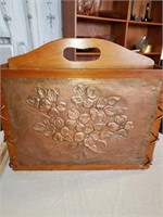 WOOD MAGAZINE RACK WITH HAND TOOLED COPPER PLATES