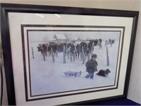 Large Framed Picture Boy/ Dog/ Sled /Cows