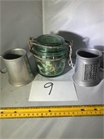 Pewter Mugs and Glass Jar w/ Buttons