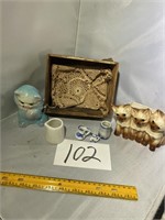Wooden Box / Cat Planters / Child Dishes / Doily
