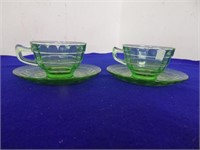 2 Green Depression Glass Cups/ Saucers