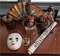 Oriental Geisha Doll, Brass Handle Bucket, etc.