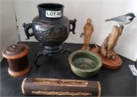 Carved Wood Bird by R. Buehler, Pottery Bowl, etc.