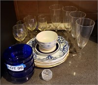 Stemware, Blue Glass Bowls, Salt Dip, etc.