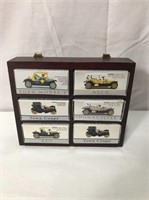 6 Miniature Antique Cars With Wood Display Shelf