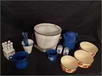 Vintage Enamelware Kitchen Items & Milk Glass