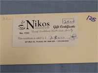 $25 Gift Certificate Niko's, Parkhill