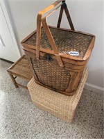 Two stools and a decorative basket.