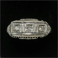 14K White gold antique three-stone diamond ring