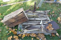 Lot of Shovel, Fork, Hay Knife, Wood Crate