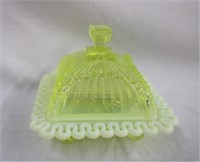 Opalescent Vaseline glass covered butter dish