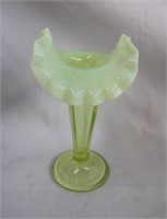 Opalescent Vaseline glass bud vase with ruffled