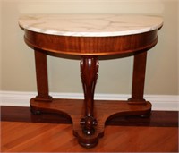 Victorian carved walnut demilune table with Marble