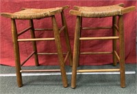 2 oak bar stools with rush seats